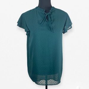 Teal Green semi-sheer chiffon eyelet polka dot Short Sleeve Blouse top L